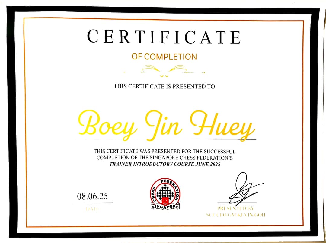Singapore Chess Federation Trainer Introductory Course Certificate — Boey Jin Huey